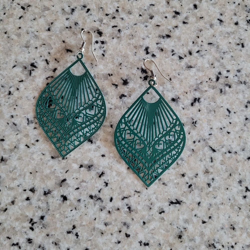 Teal Metal Feather Earrings!